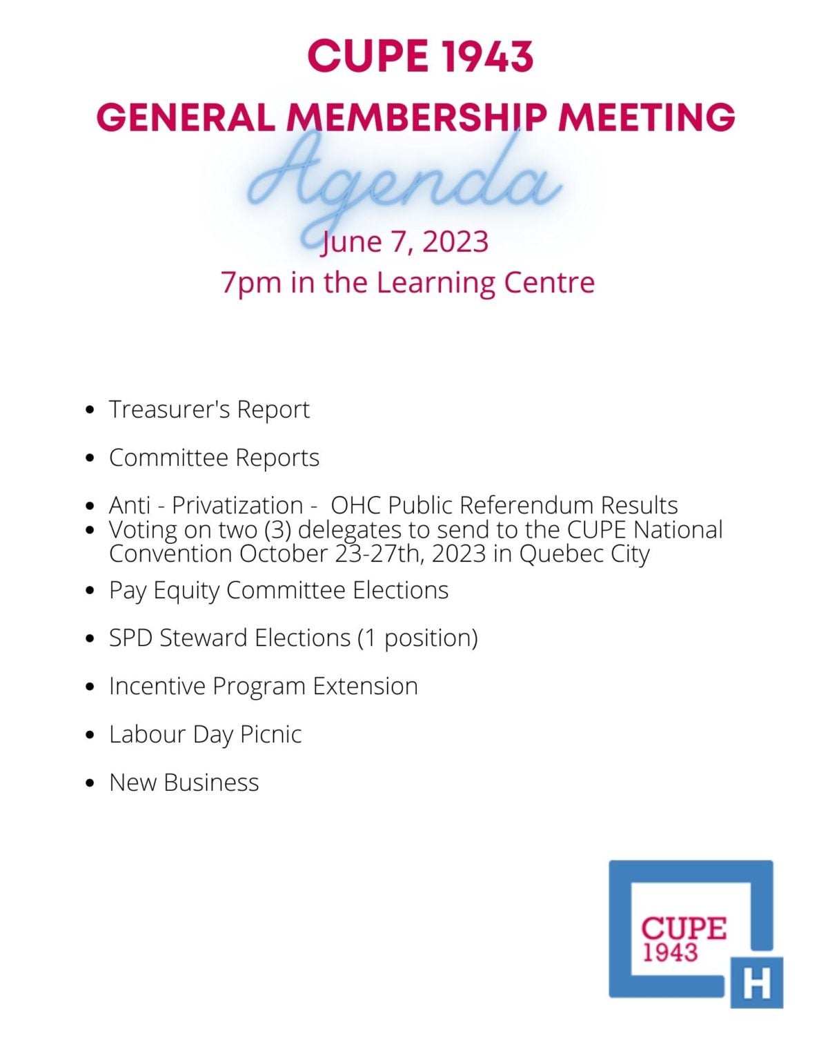 June 7th General Membership Meeting - CUPE 1943